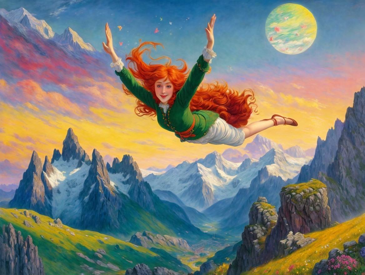 Vibrant Fantasy Landscape with Young Woman in Flight