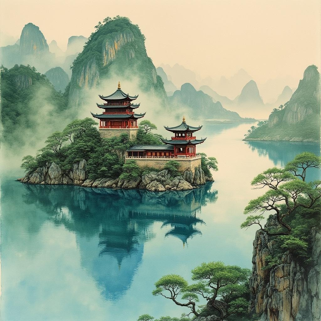 Serene Landscape with Pagodas and Misty Mountains