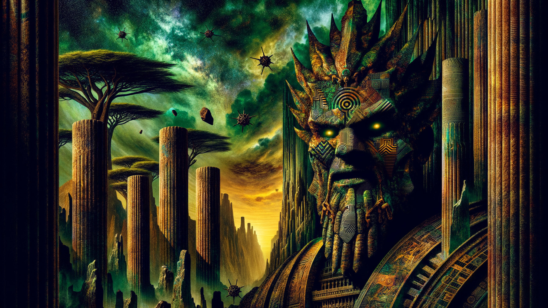 Ancient Colossal Figure Among Weathered Columns