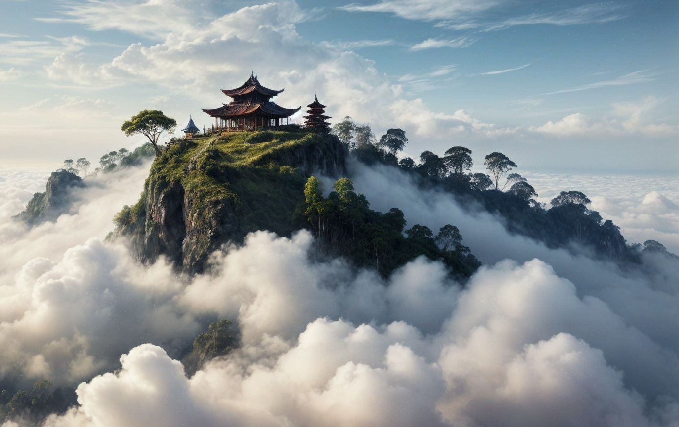 Mountain Peak with Pagoda Surrounded by Greenery