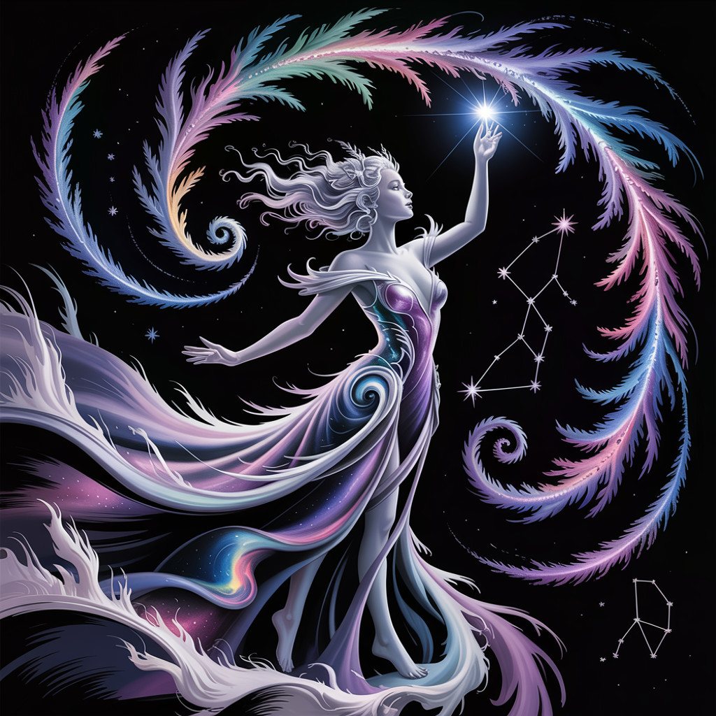 Mystical Figure in Iridescent Attire Against Stars