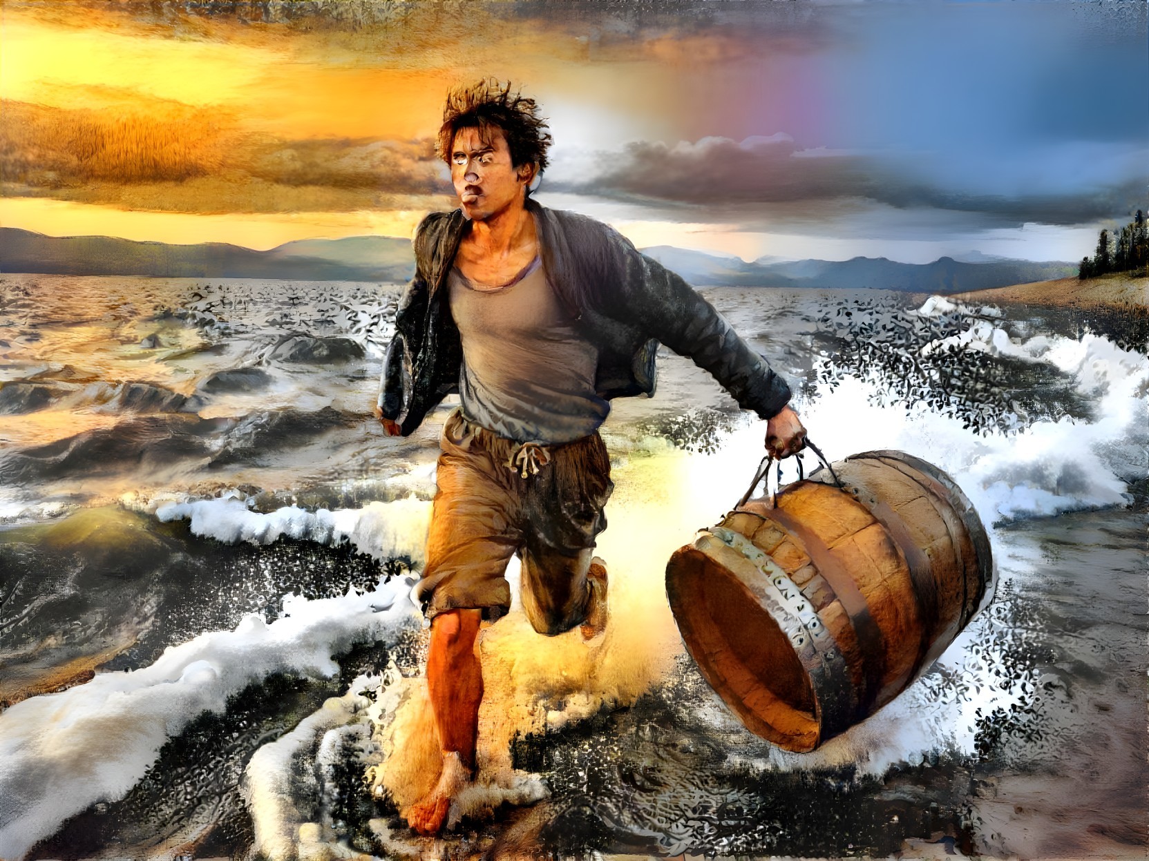 Young man running through turbulent waves with barrel