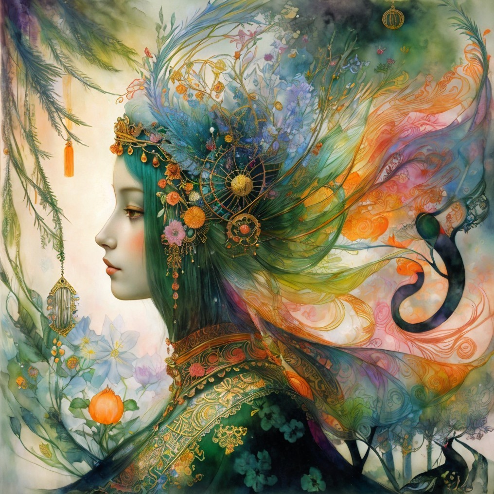 Fantastical Woman with Floral Elements and Colorful Hair
