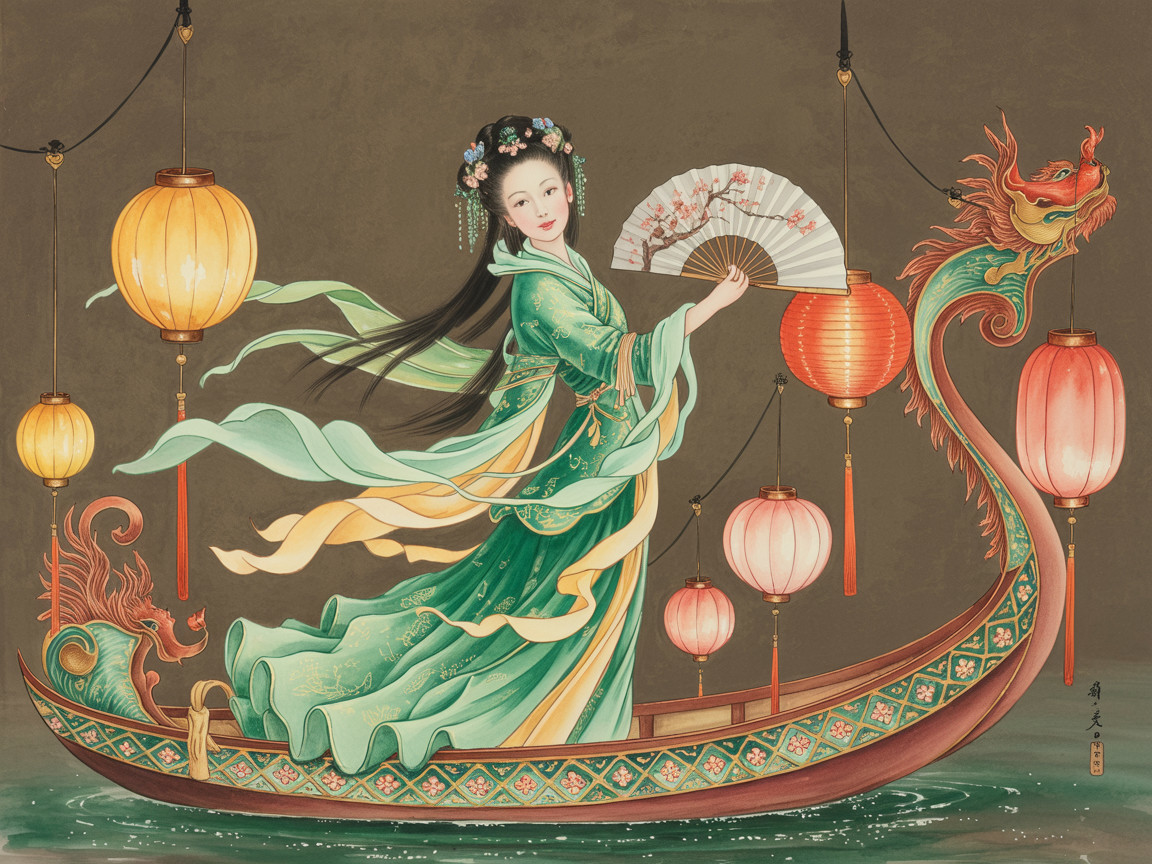 Graceful Woman in Traditional Attire on Ornate Boat