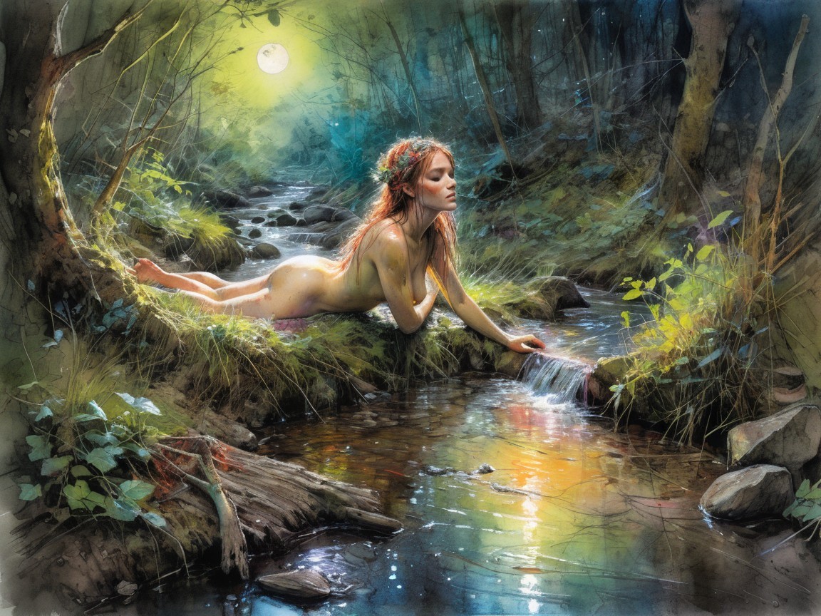Woman with Red Hair by a Moonlit Stream in Forest