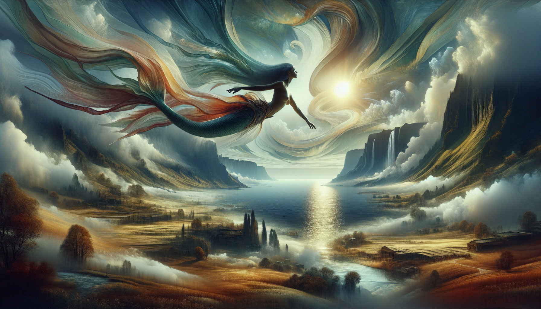 Mythical being flying over serene landscape with cascading hair