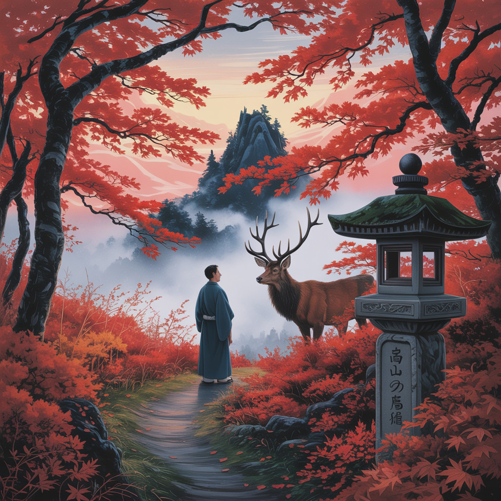 Autumn Landscape with Traditional Attire and Deer