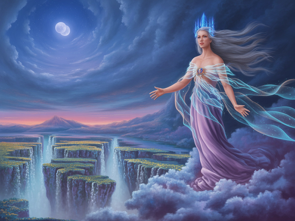 Surreal Landscape with Mystical Figure on Clouds