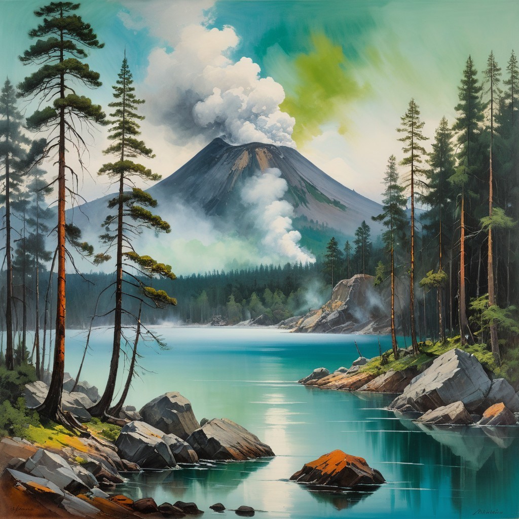 Serene Landscape with Turquoise Lake and Volcano