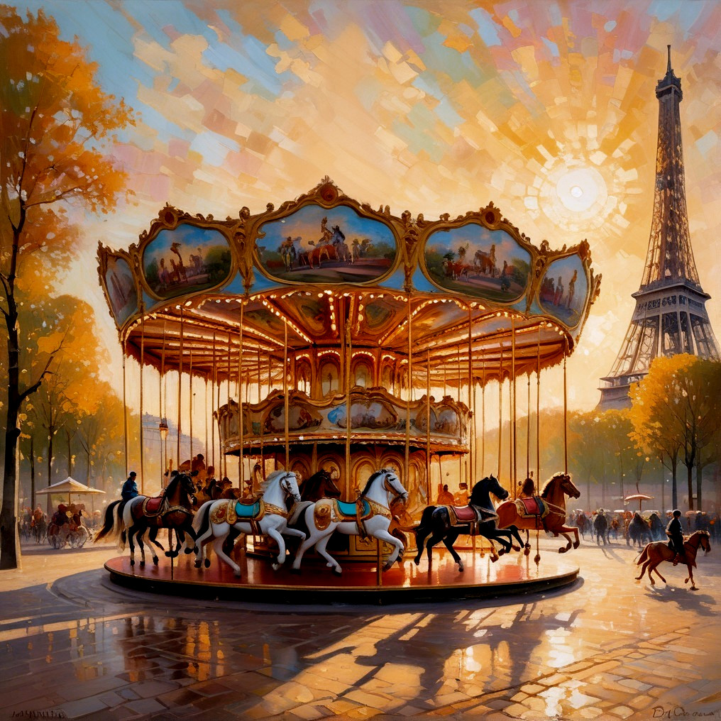 Vibrant carousel with horses near Eiffel Tower at sunset
