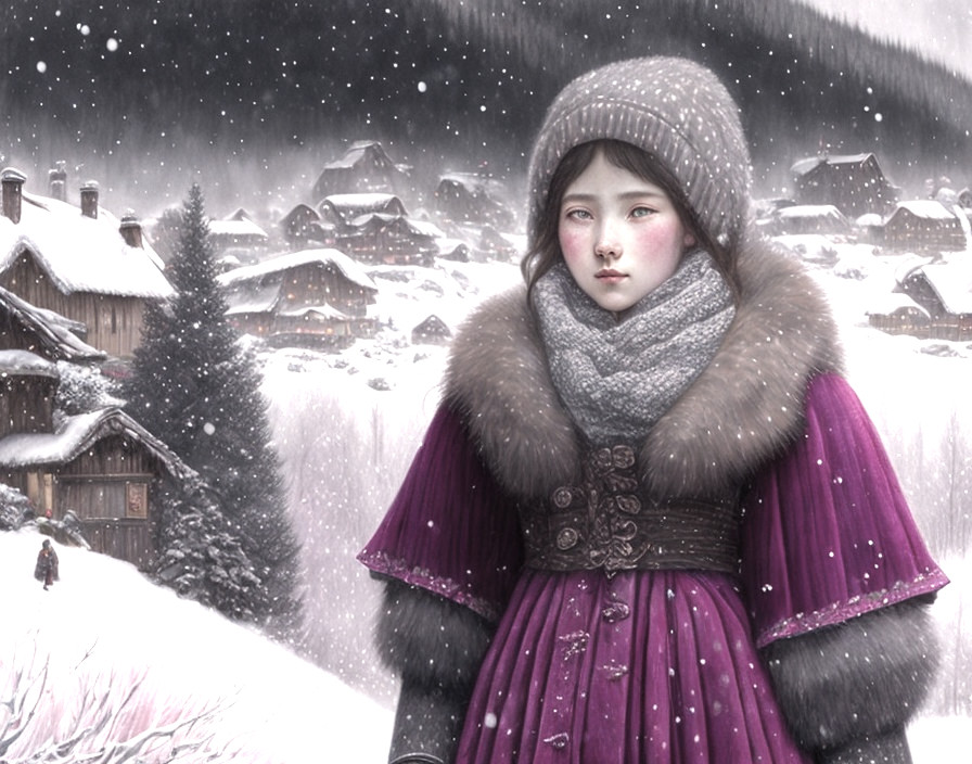 Girl in Purple Coat in Serene Snowy Landscape
