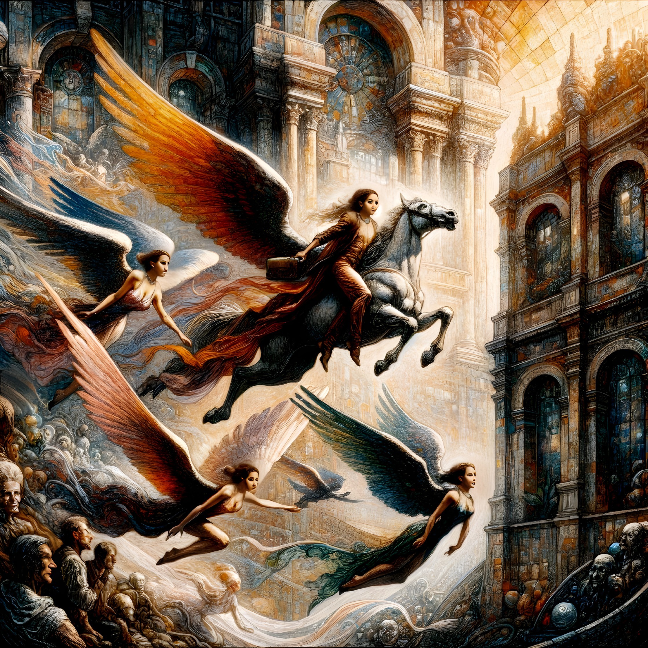 Angelic Figure Riding a Horse in Flight with Wings