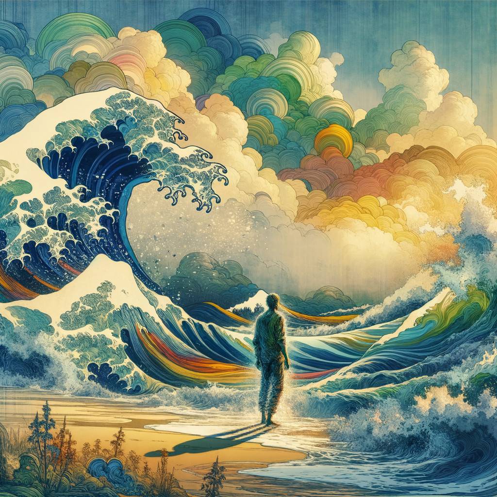 Lone Figure on Beach with Vibrant Waves and Sky