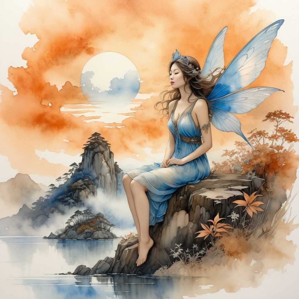 Serene fairy with blue wings in tranquil landscape