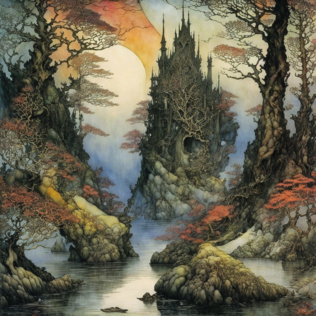Ethereal Landscape with Castle and Twisted Trees