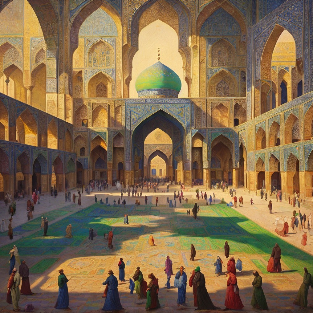 Grand architectural space with blue and gold mosaics