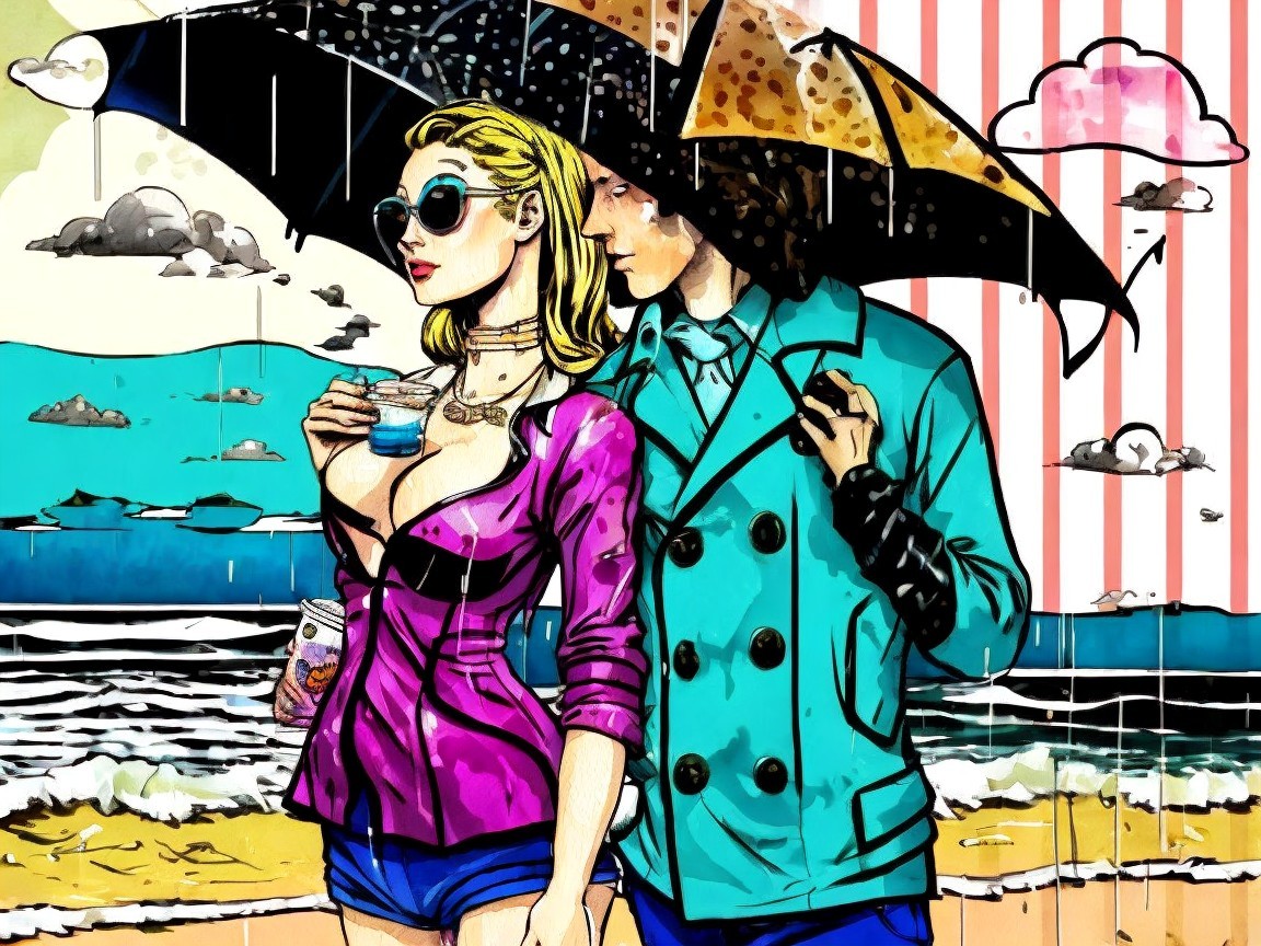 Couple Under Umbrella on Beach with Colorful Clouds