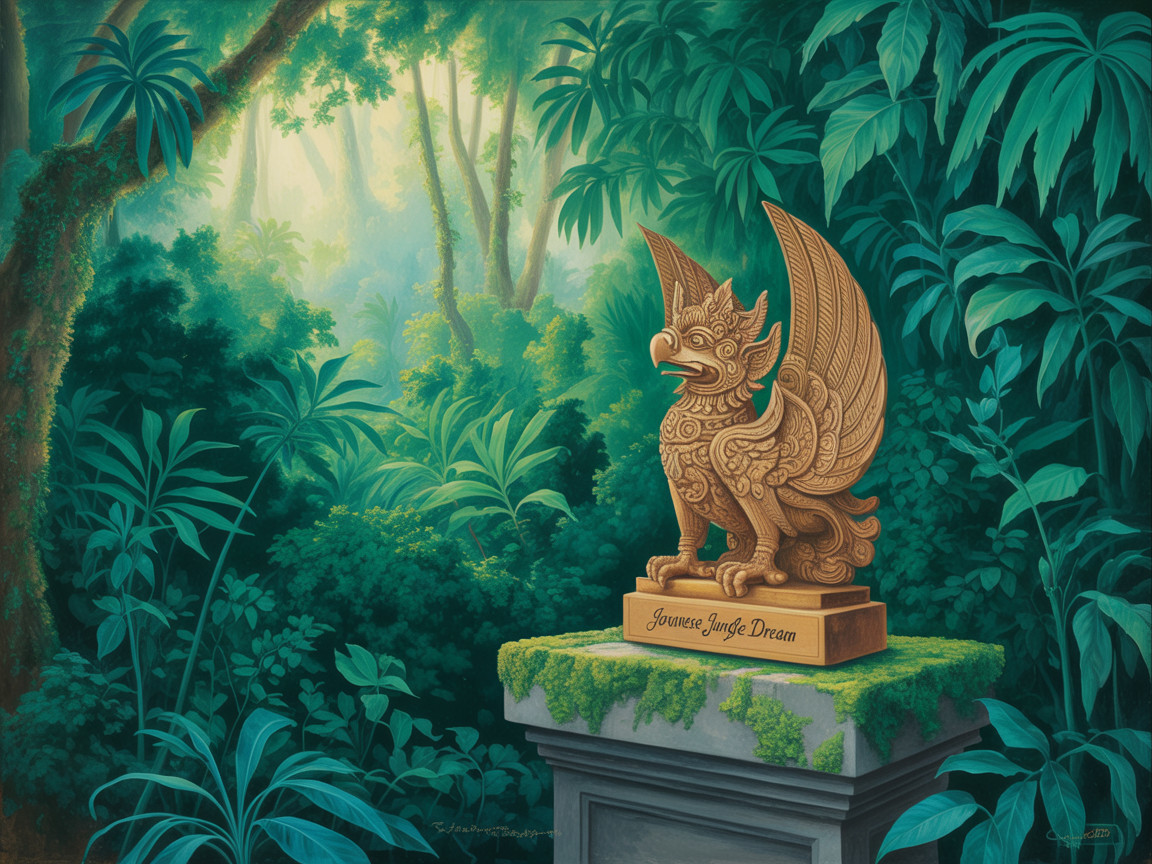 Wooden Griffin Sculpture in Lush Jungle Setting