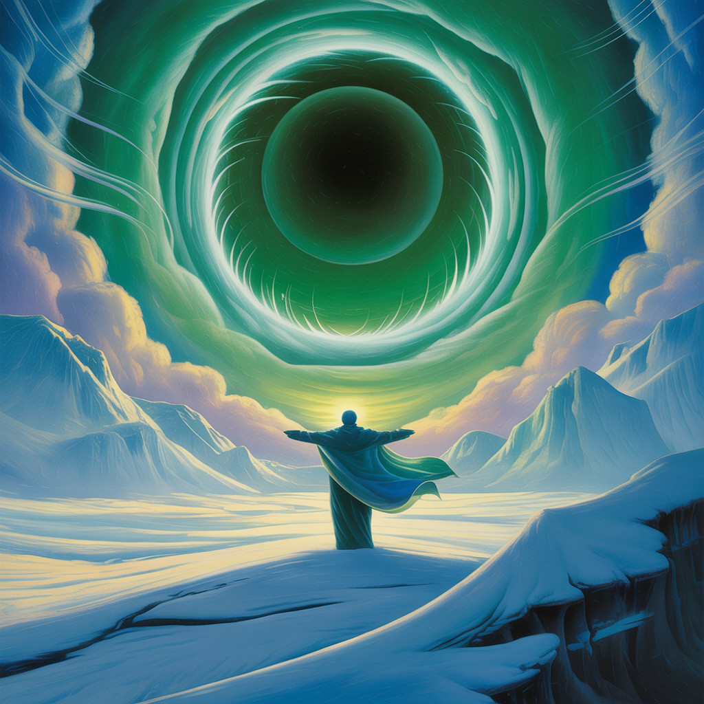 Figure in Snowy Landscape with Swirling Portal