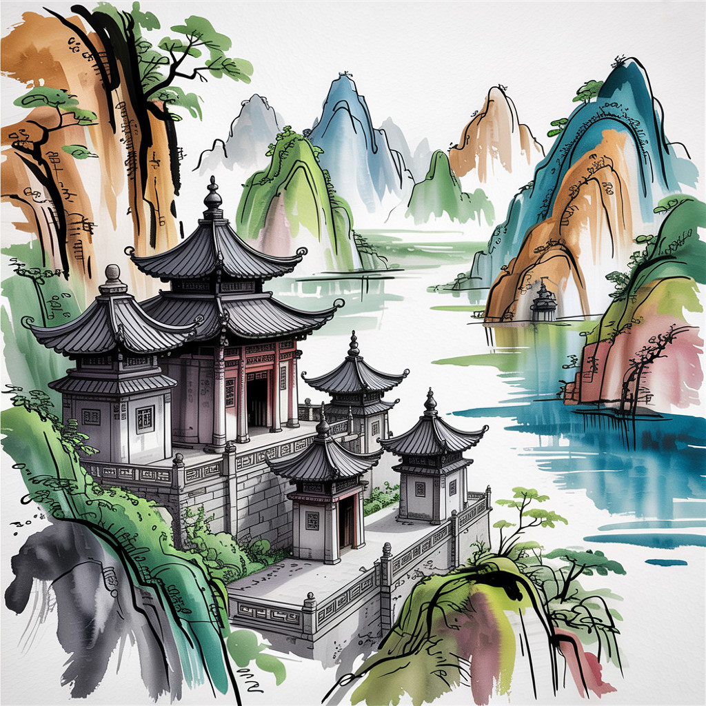 Serene Asian Landscape with Pagodas and Mountains