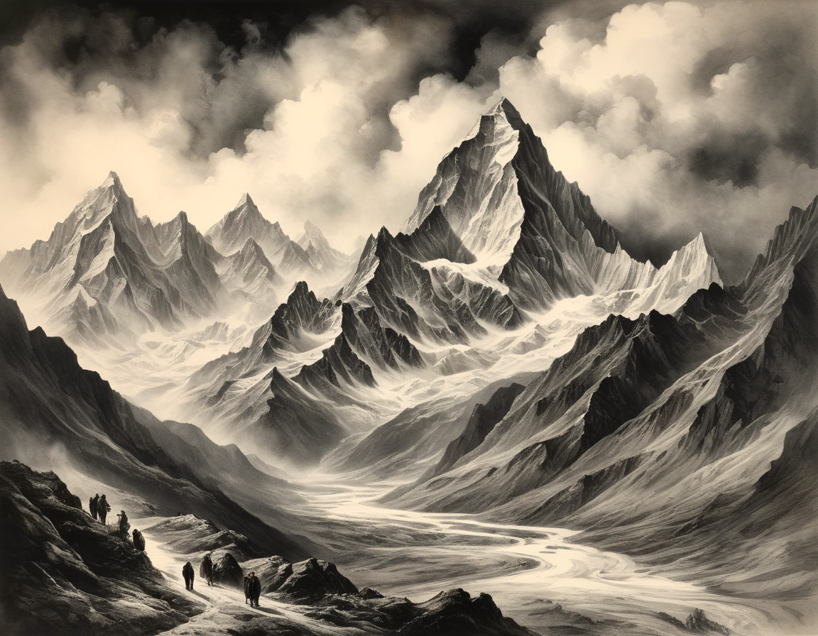 Monochromatic landscape of rugged mountains with travelers and swirling clouds
