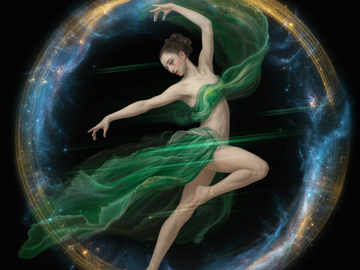 Dancer in Flowing Green Fabric Against Cosmic Background