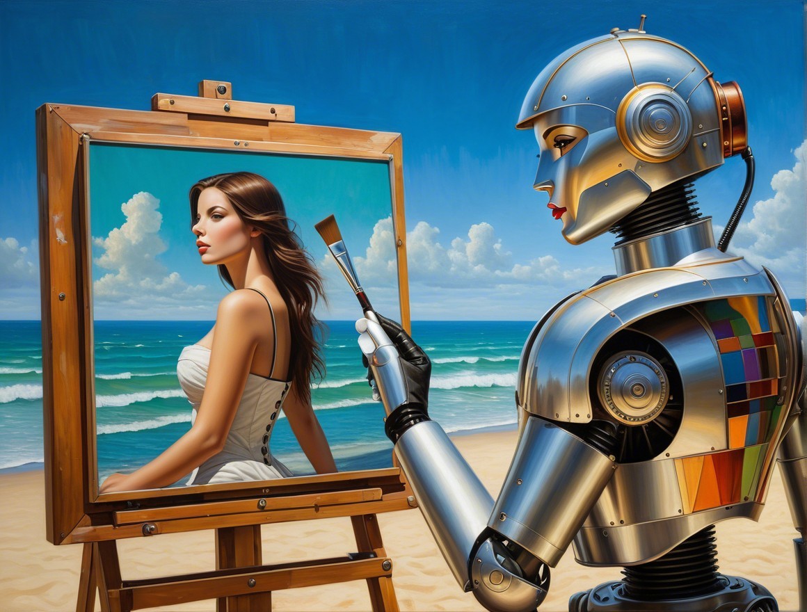 Futuristic Robot Artist Painting on a Beach