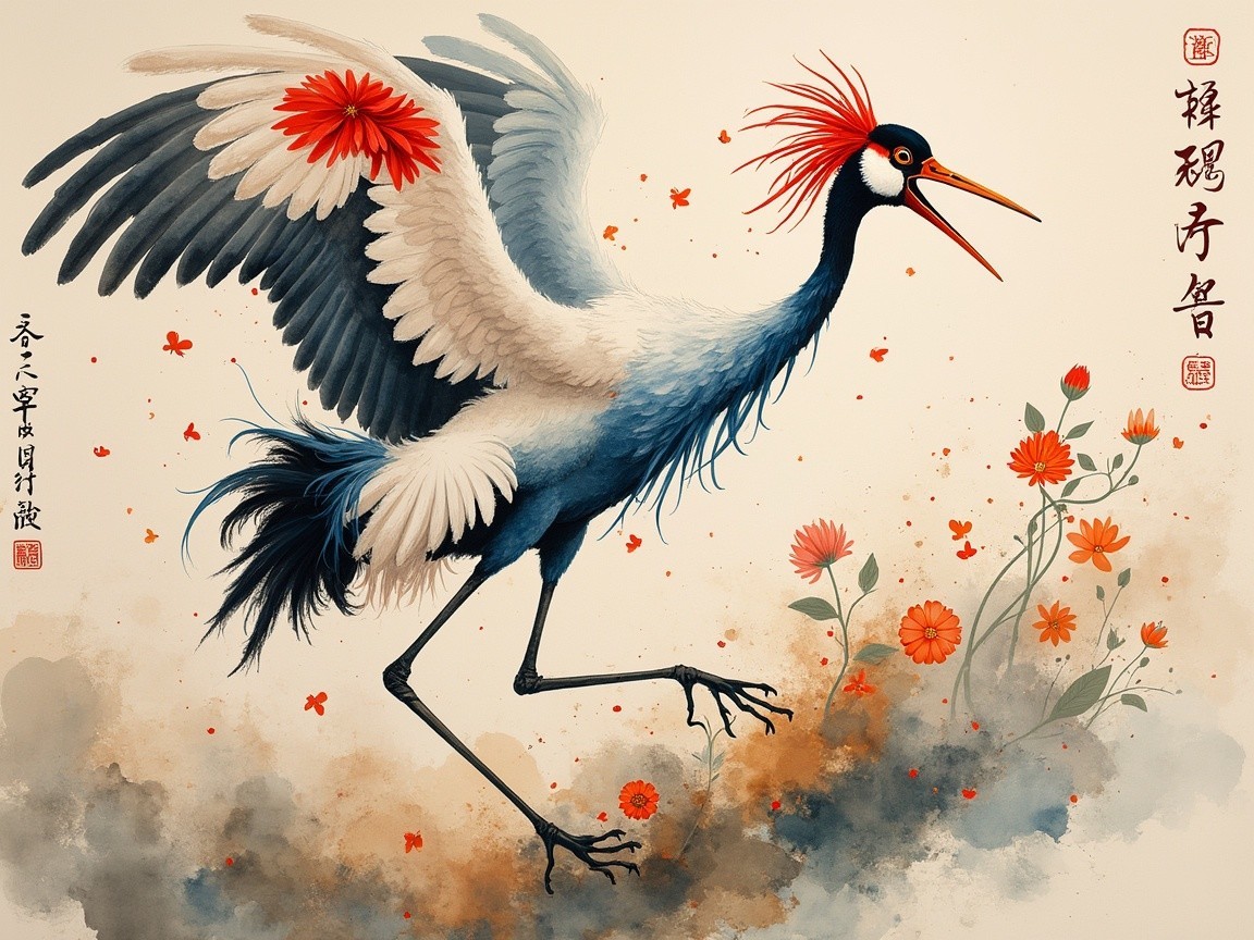 Vibrant Crane Illustration with Cultural Elements