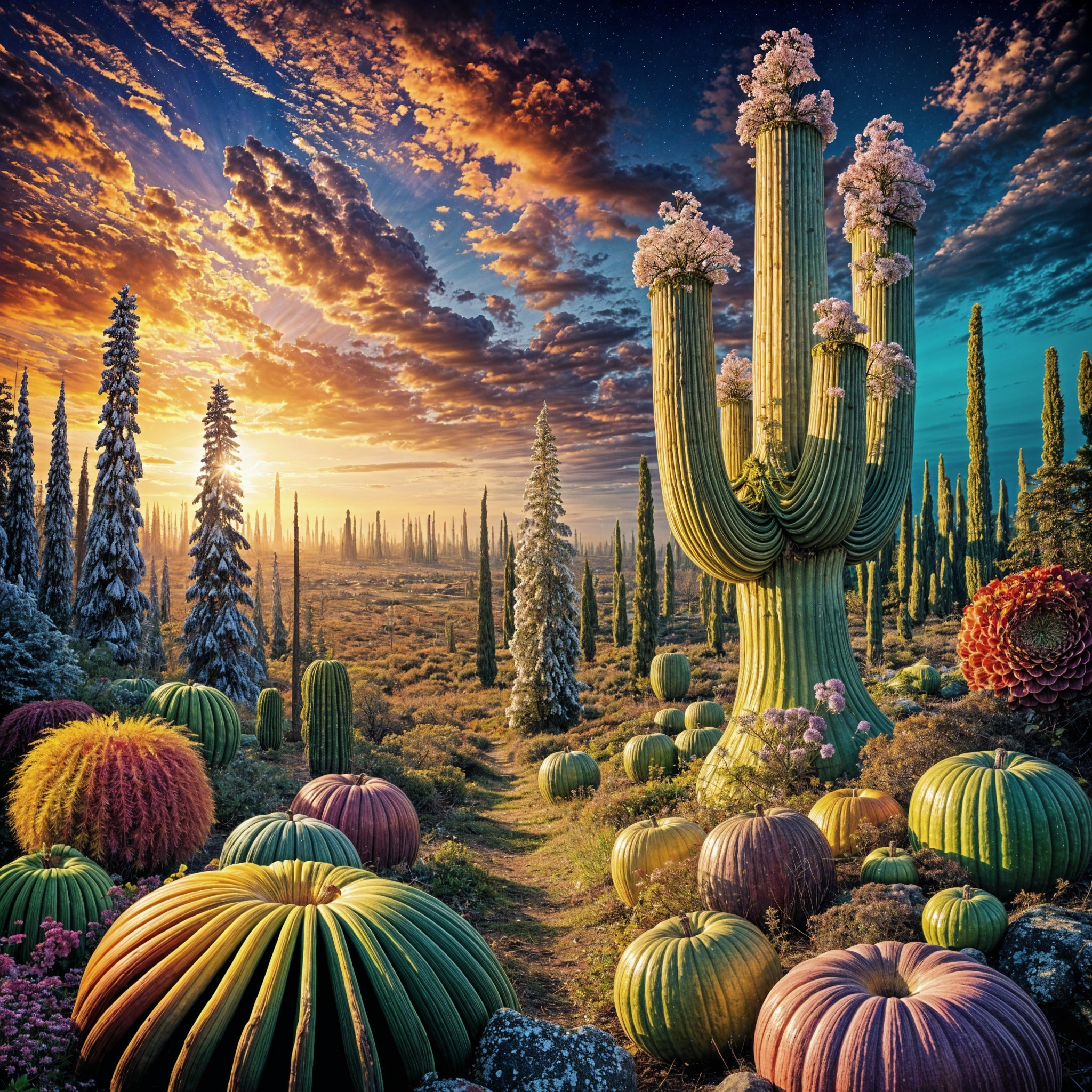 Surreal Landscape with Colorful Cacti and Dramatic Sky