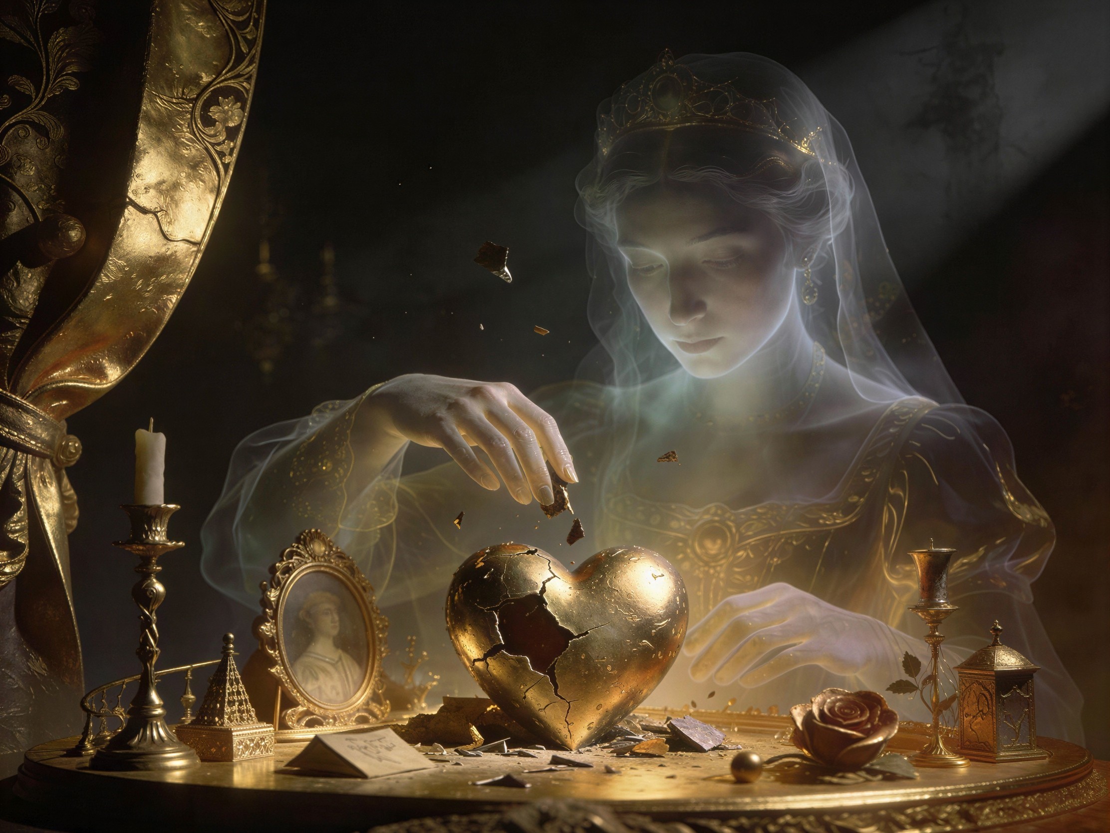 Translucent Woman with Golden Heart and Decorated Table