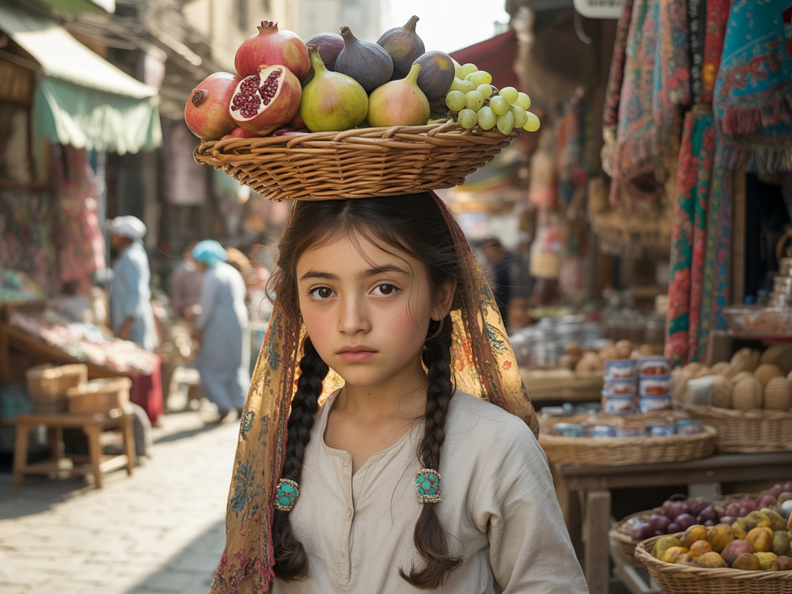 Young girl with basket in vibrant market scene