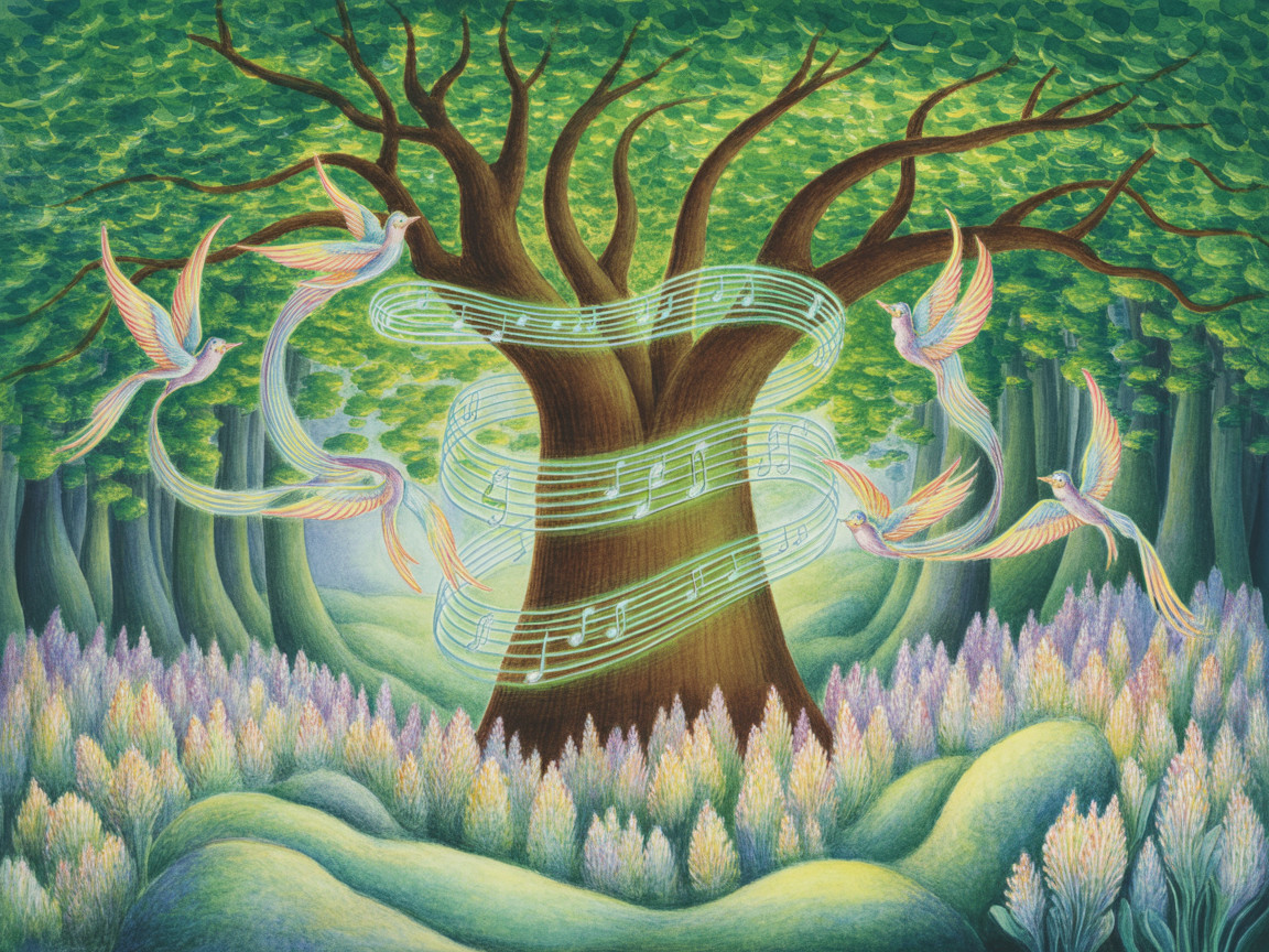 Majestic Tree Surrounded by Colorful Birds and Flowers