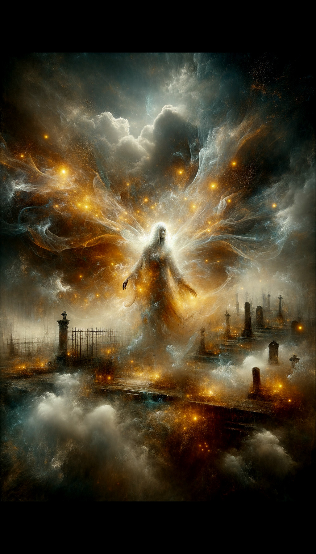  A ghost from graveyard standing in mist in yellow sparks