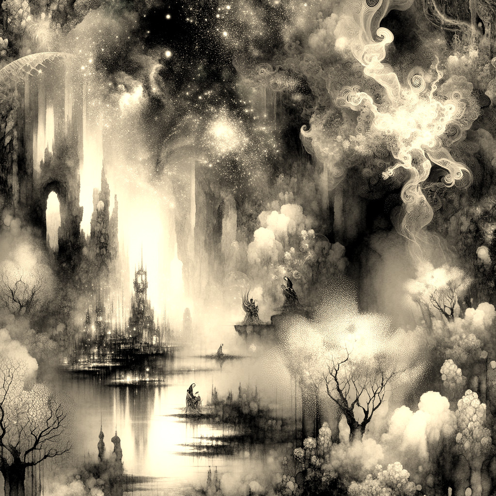 Surreal Black and White Landscape with Ethereal Elements