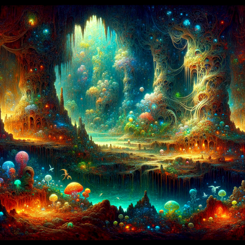 Surreal Landscape with Glowing Orbs and Mushrooms