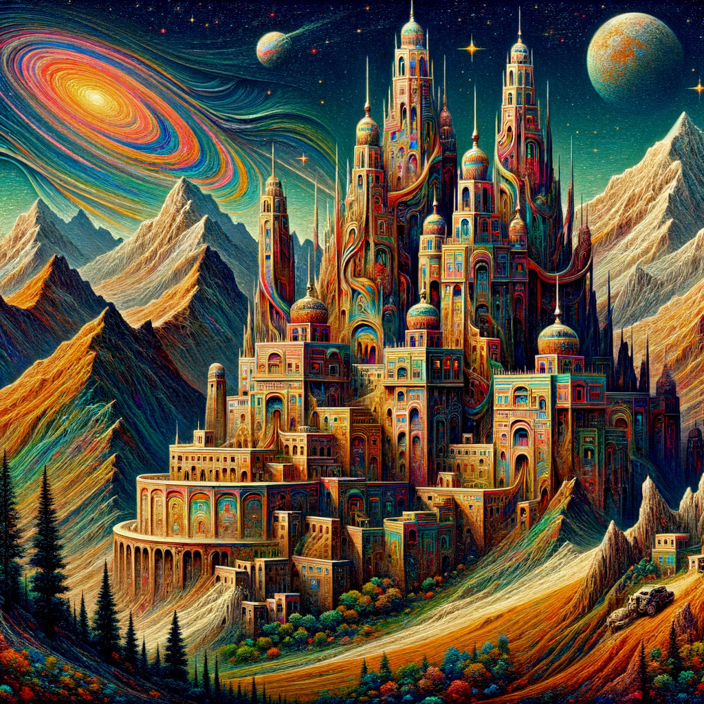 Surreal Cityscape with Colorful Towers and Galaxy