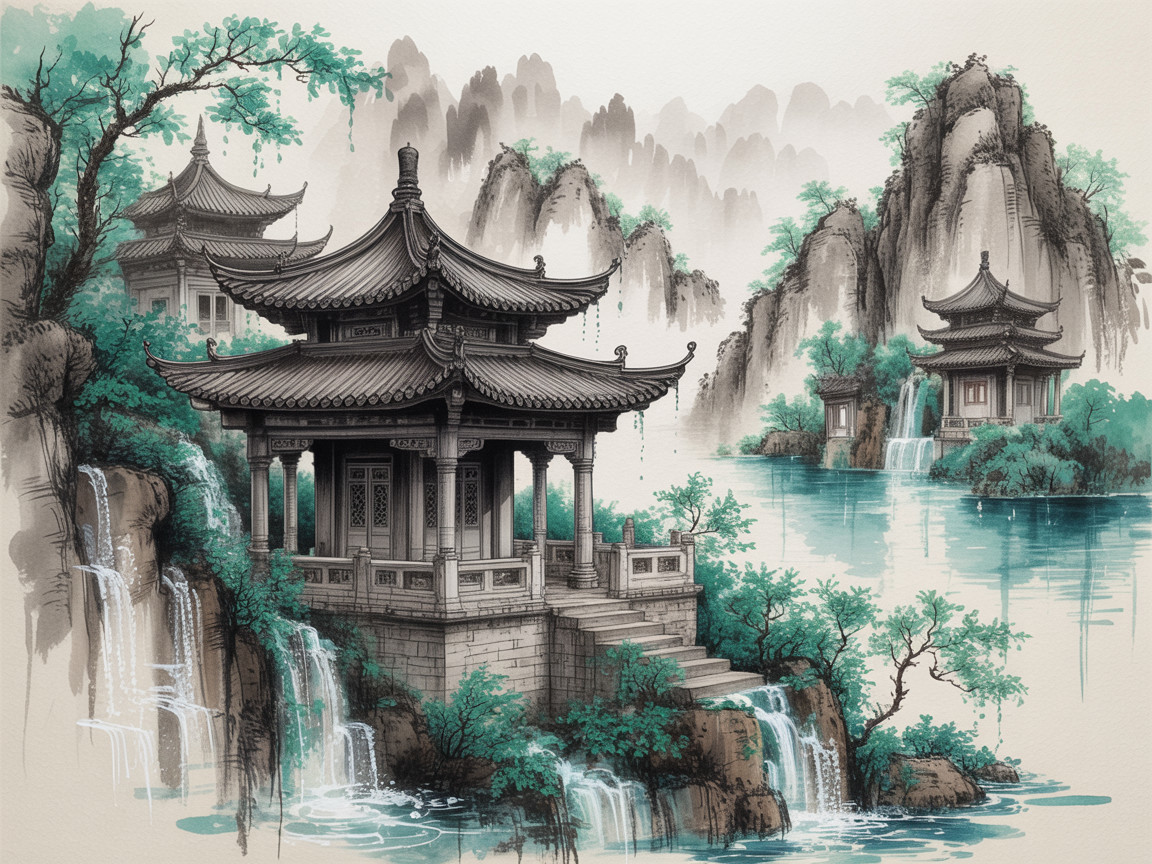 Serene Landscape with Asian Architecture and Nature
