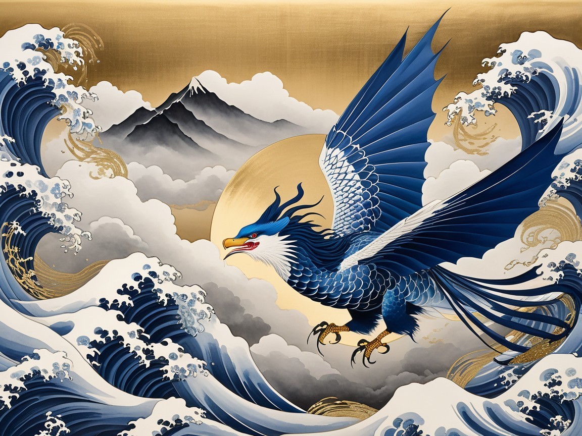 Phoenix Soaring Above Waves in Blue and Gold Tones
