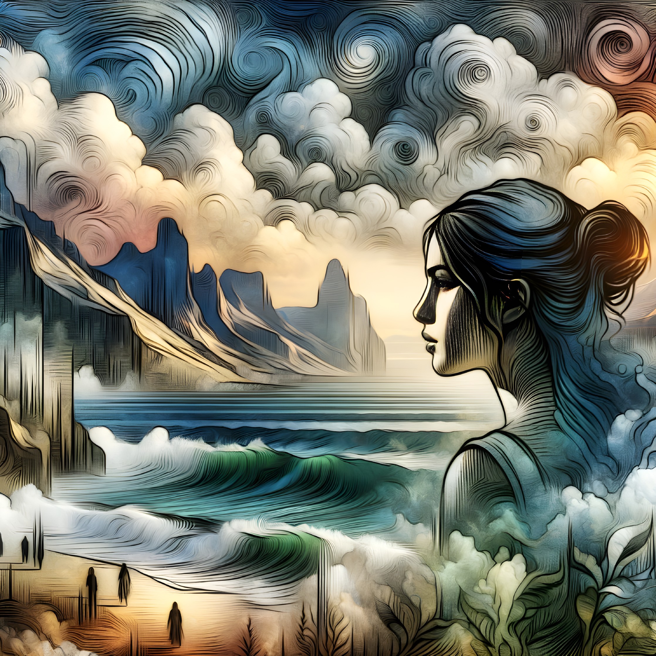Stylized Woman's Profile Merged with Seascape Elements