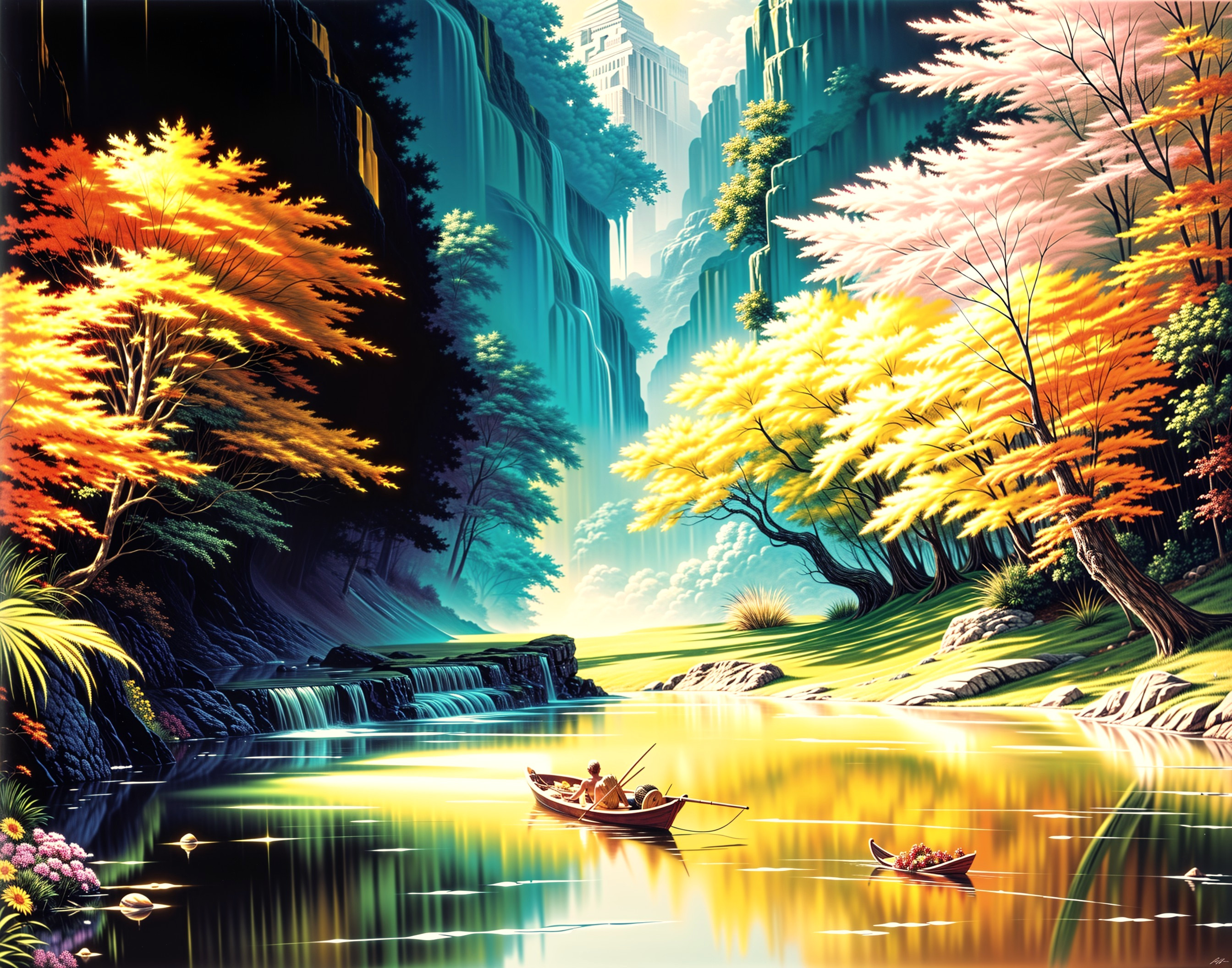 Tranquil River Landscape with Autumn Foliage and Boats