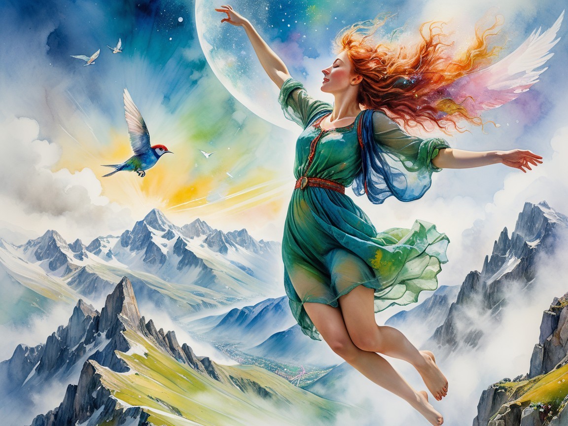 Mystical Woman with Wings Above Majestic Mountains