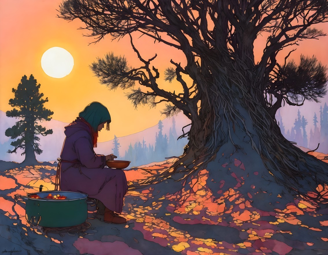 Sunset Scene with Cloaked Figure and Gnarled Tree