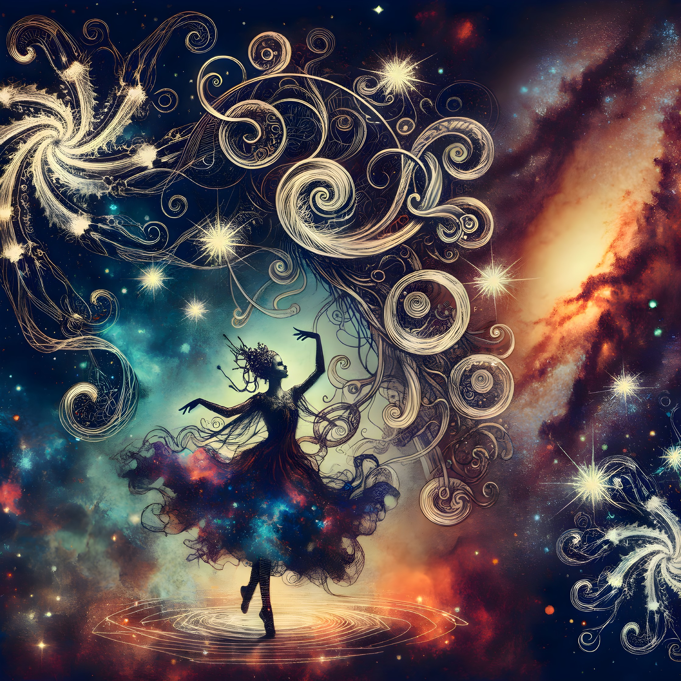 Cosmic-themed artwork featuring a dancing figure in vibrant nebulae background
