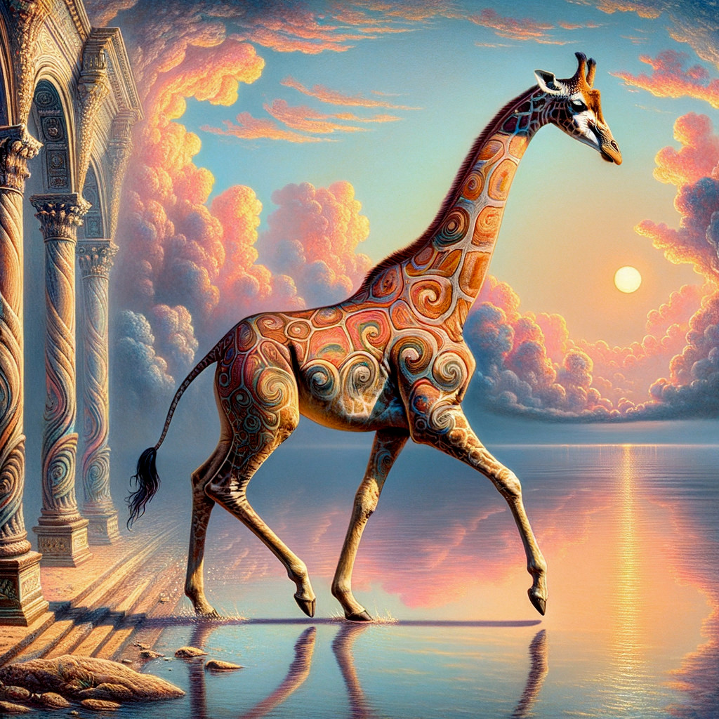 Giraffe by the Shoreline with Classical Columns and Sunset