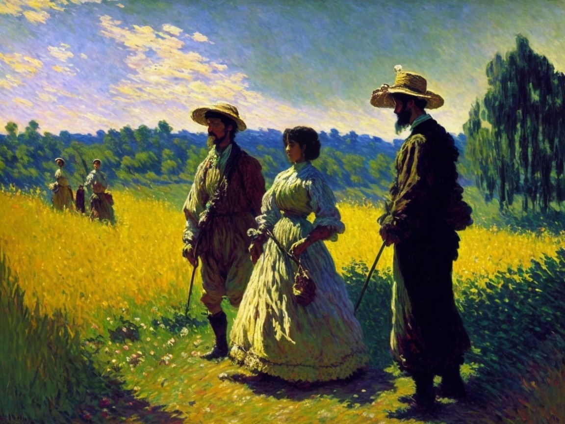 Gentlemen and Woman Strolling in Sunlit Field