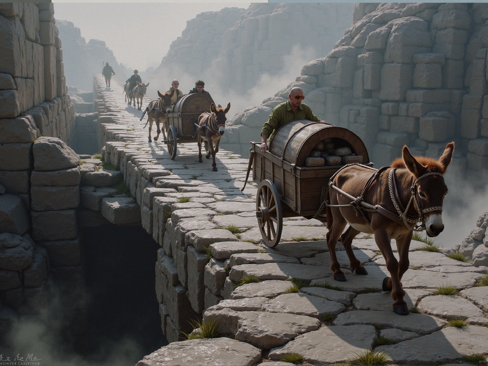 Travelers on Misty Stone Bridge with Wooden Carts