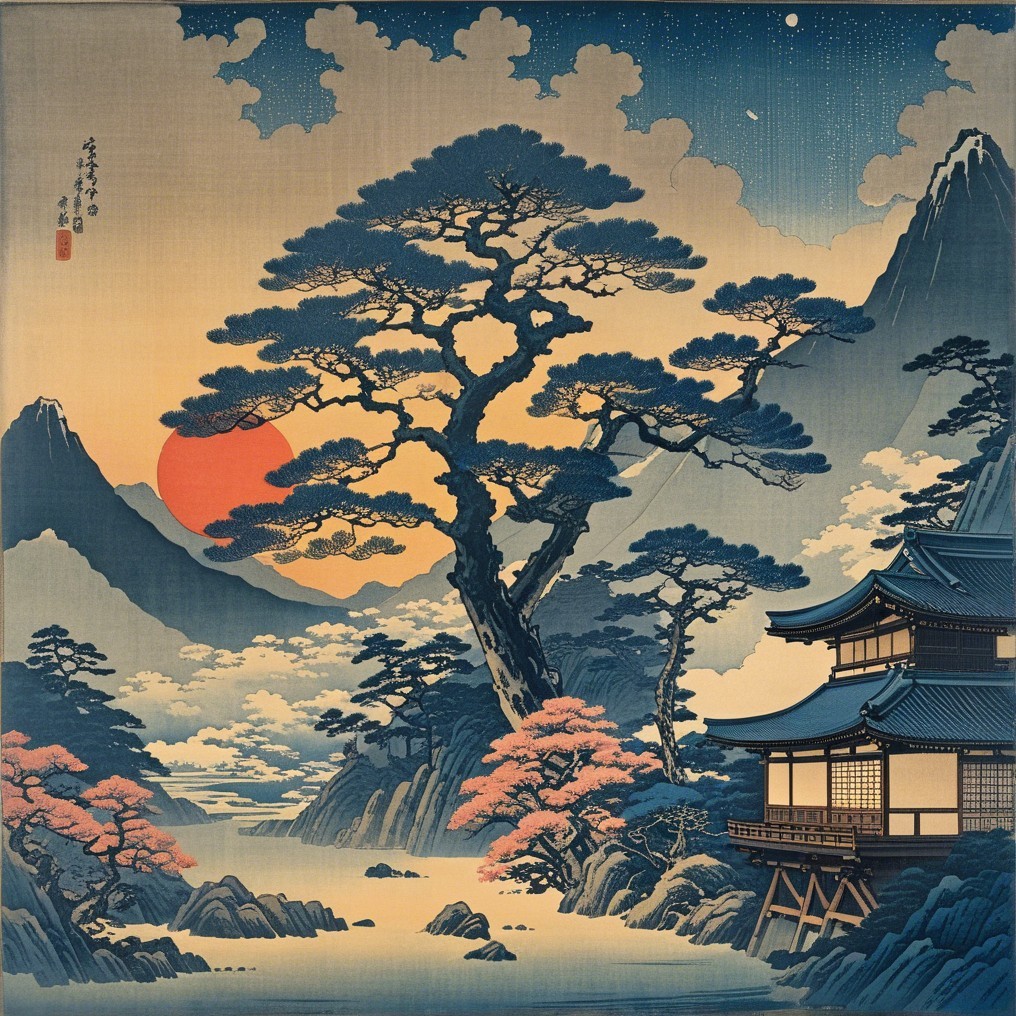 Japanese Pagoda by River at Sunset in Serene Landscape
