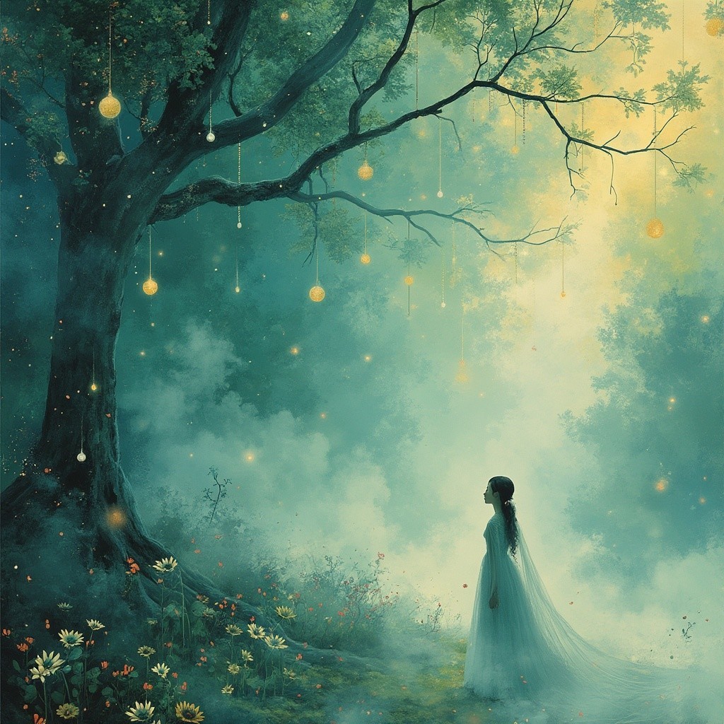 Mystical Forest Scene with Ethereal Light and Fog