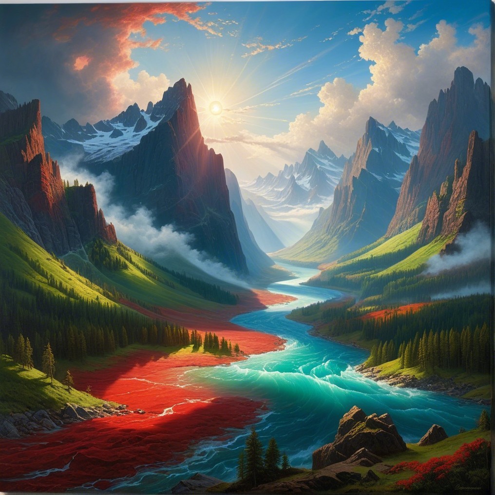 Snow-Capped Mountains and Vibrant River Landscape
