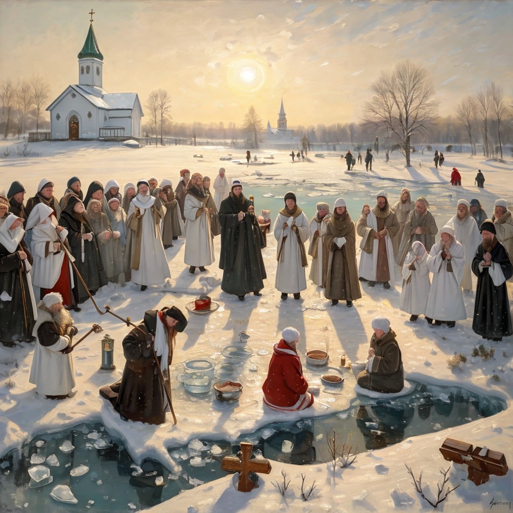 Winter Gathering by Frozen Lake with Monks and Church